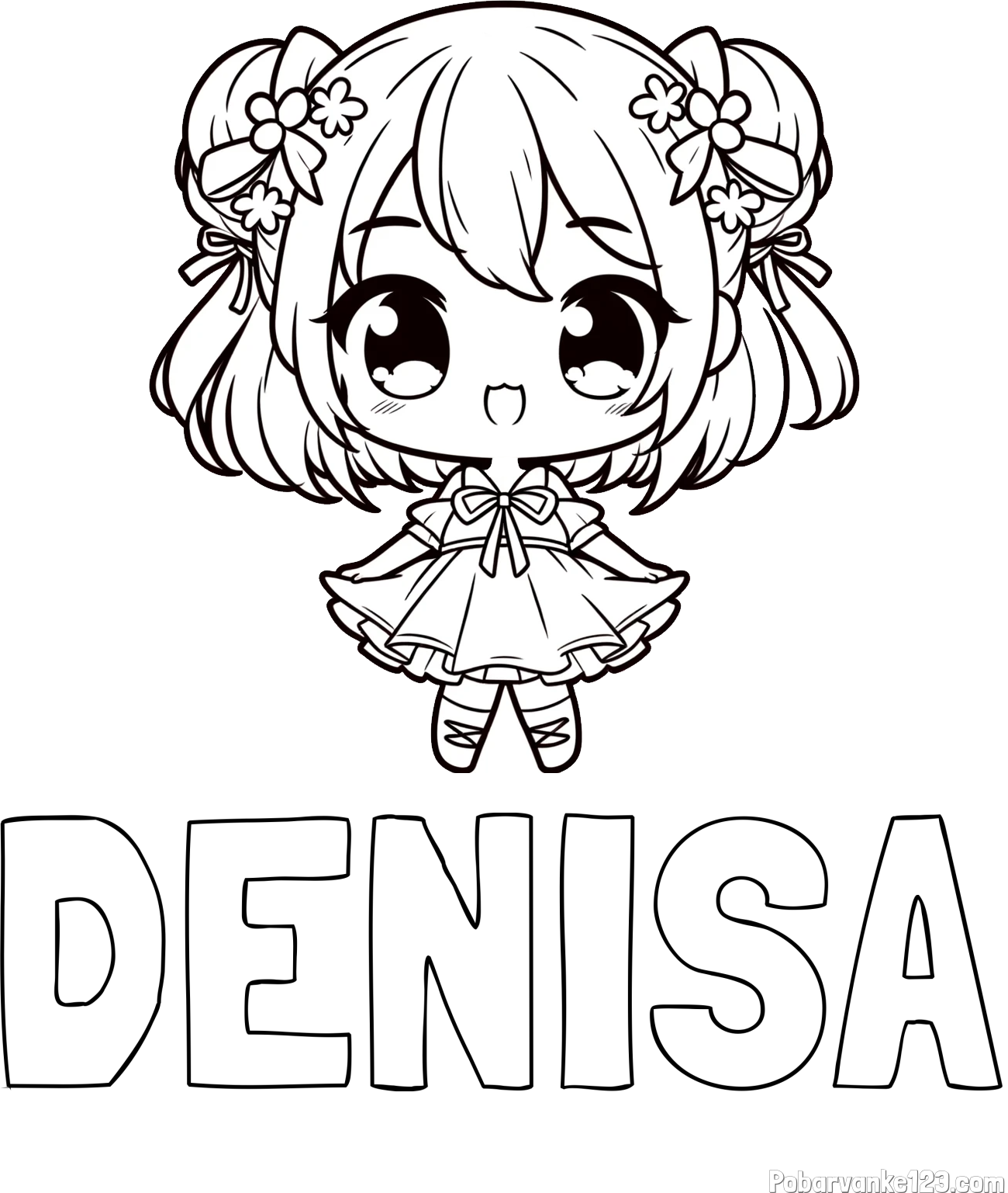 Pobarvanka imena DENISA in otroška pobarvanka punčke v japonskem anime slogu