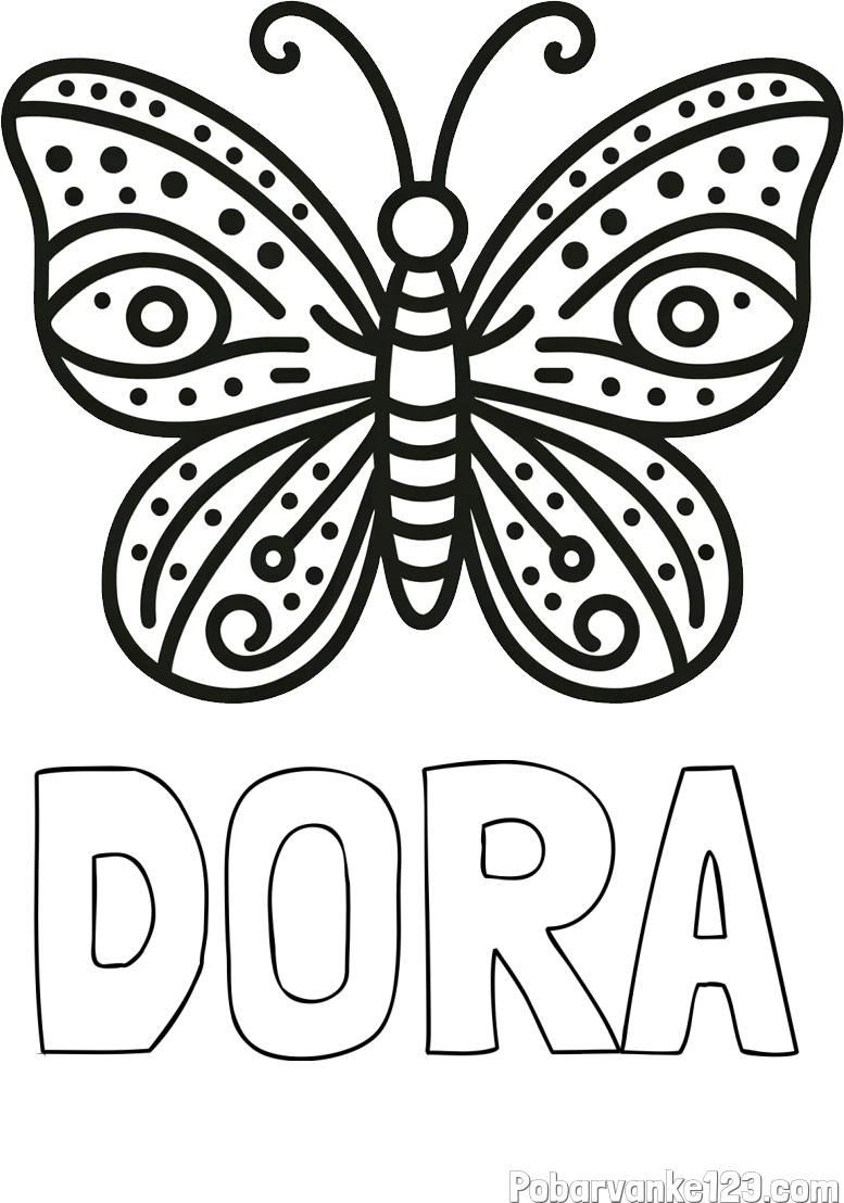 Pobarvanka imena DORA in preprosta pobarvanka metulja
