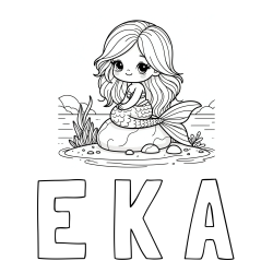 Pobarvanka imena E K A in pobarvanka prikupne morske deklice, ki sedi na kamnu ob obali