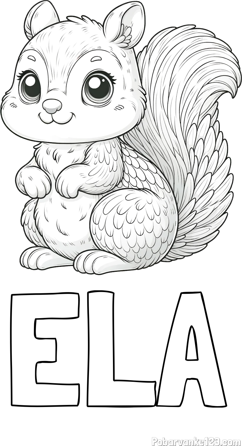Pobarvanka imena ELA in pobarvanka ljubke in nasmejane veverice