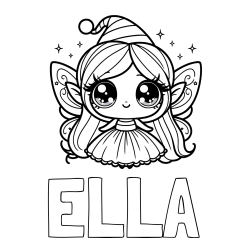 Pobarvanka imena ELLA in pobarvanka ljubke čarobne vile z velikimi očmi