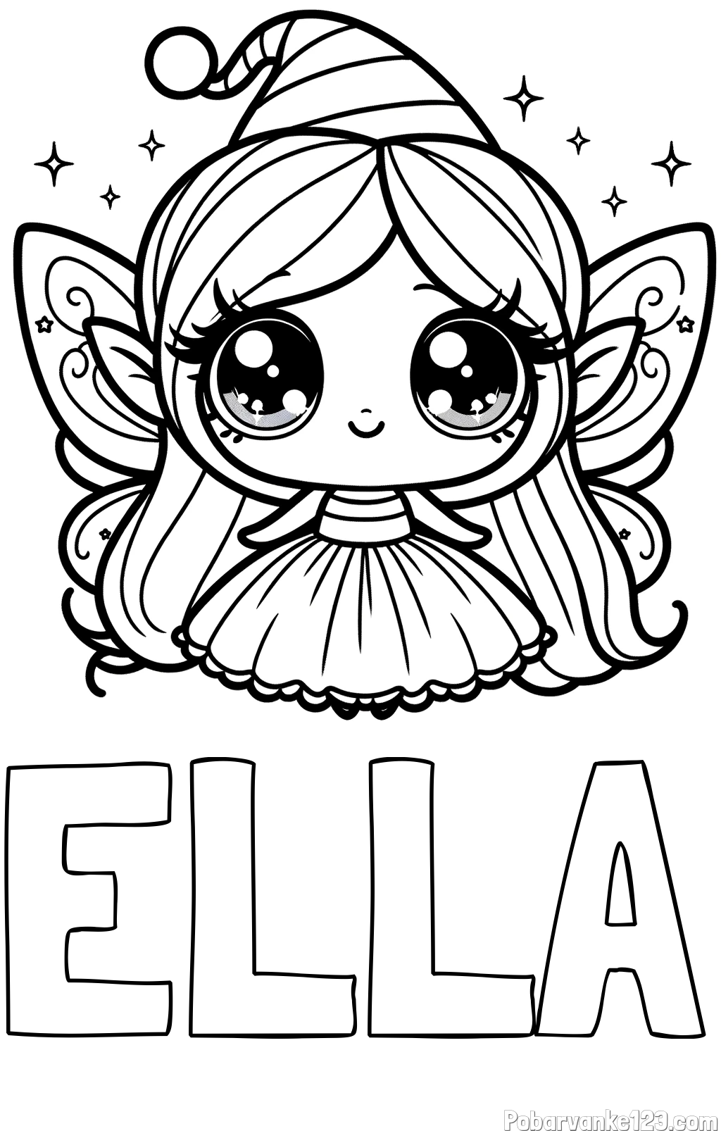 Pobarvanka imena ELLA in pobarvanka ljubke čarobne vile z velikimi očmi