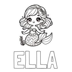 Pobarvanka imena ELLA in pobarvanka simpatične morske deklice
