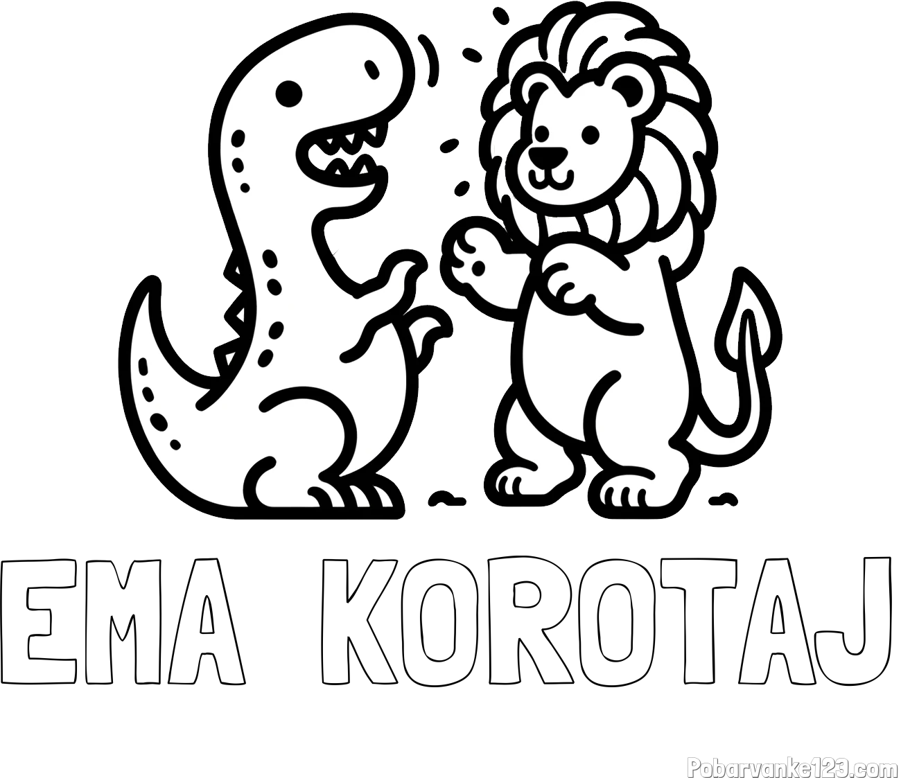 Pobarvanka imena EMA  KOROTAJ in pobarvanka dinozavra, ki napada leva