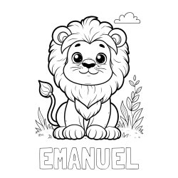 Online izdelana pobarvanka - Pobarvanka imena EMANUEL in pobarvanka ljubkega leva