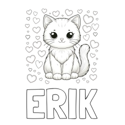 Online izdelana pobarvanka - Pobarvanka imena ERIK in pobarvanka ljubke mucke obdane s srčki