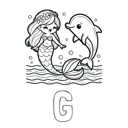 Pobarvanka imena G in pobarvanka ljubke morske deklice, ki pleše z delfinom