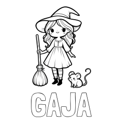 Online izdelana pobarvanka - Pobarvanka imena GAJA in pobarvanka čarovnice z metlo in miško