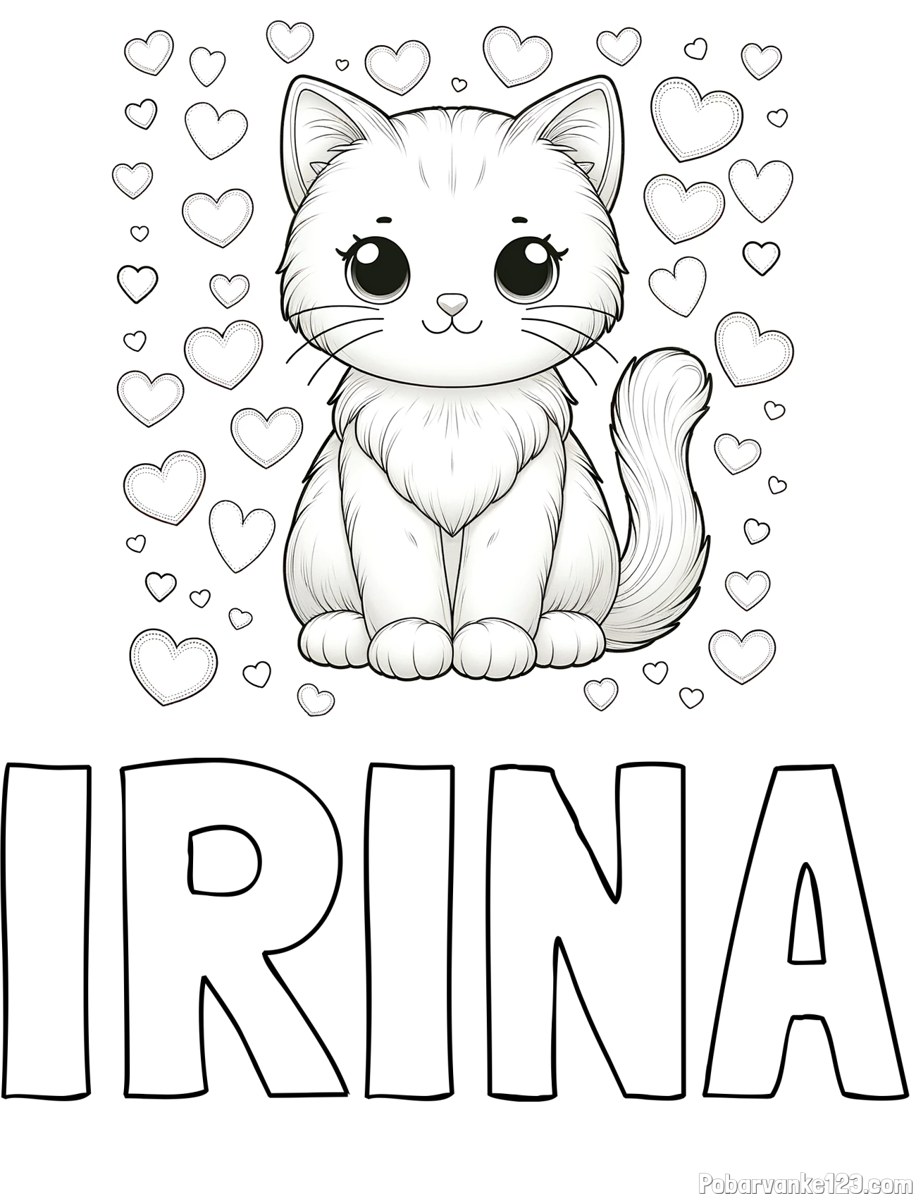 Pobarvanka imena IRINA in pobarvanka ljubke mucke obdane s srčki