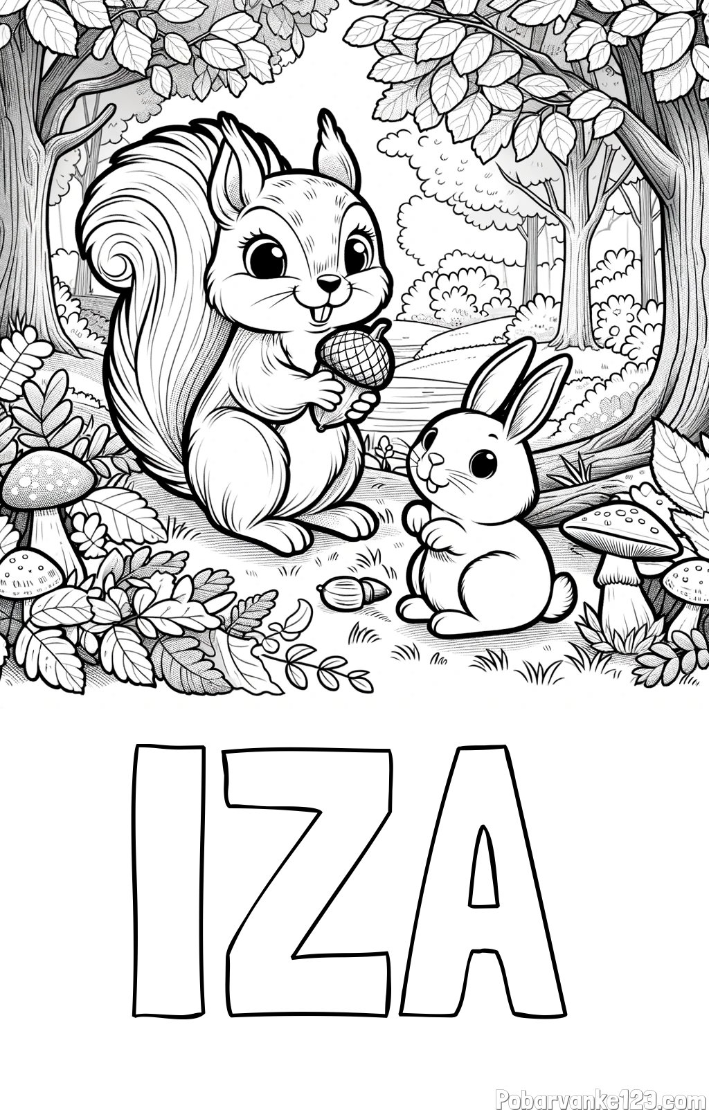 Pobarvanka imena IZA in pobarvanka veveričke in zajčka v gozdu