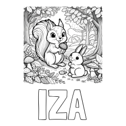 Online izdelana pobarvanka - Pobarvanka imena IZA in pobarvanka veveričke in zajčka v gozdu