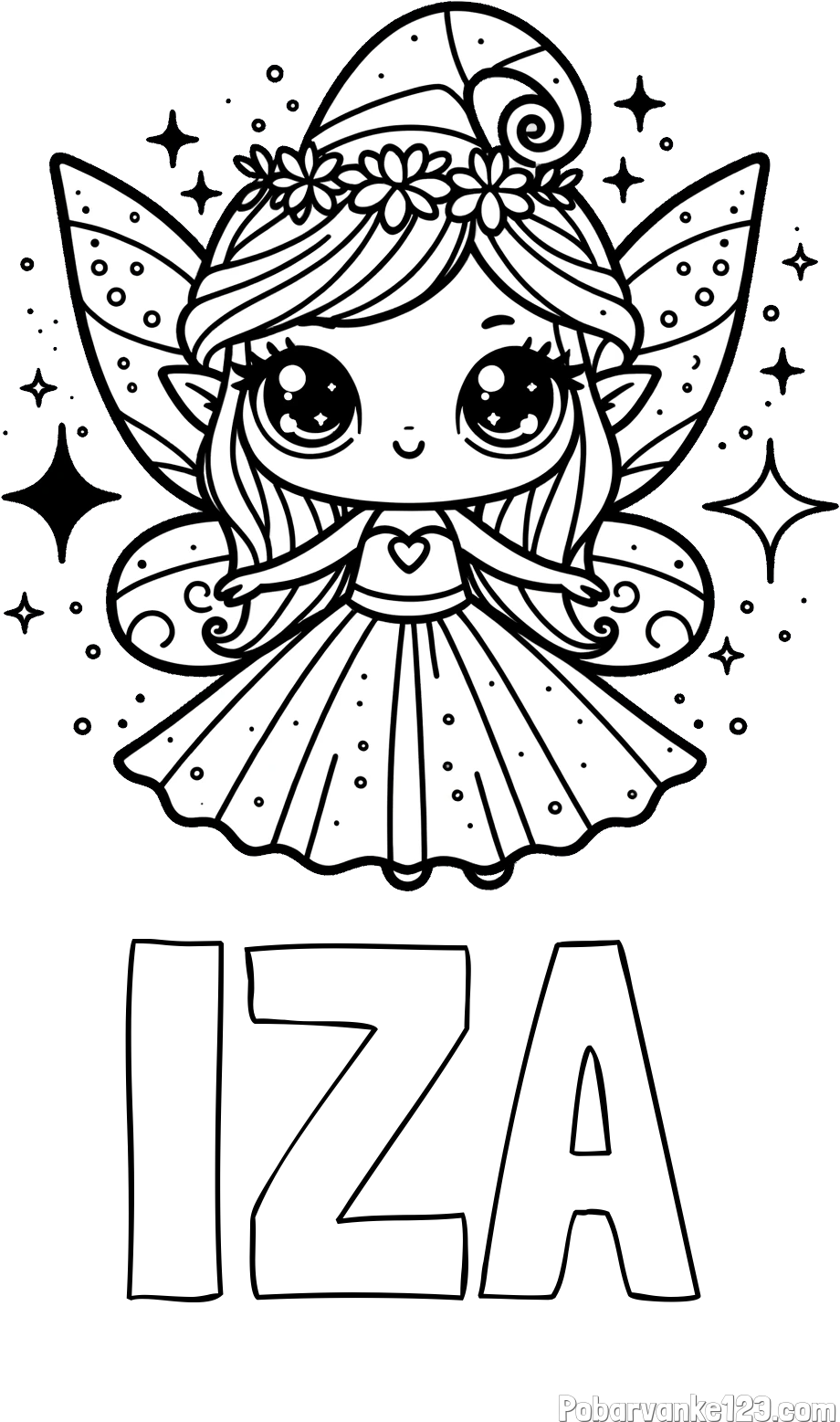 Pobarvanka imena IZA in prikupna čarobna vila