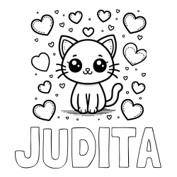 Online izdelana pobarvanka - Pobarvanka imena JUDITA in pobarvanka ljubke mucke obdane z veliko srčki