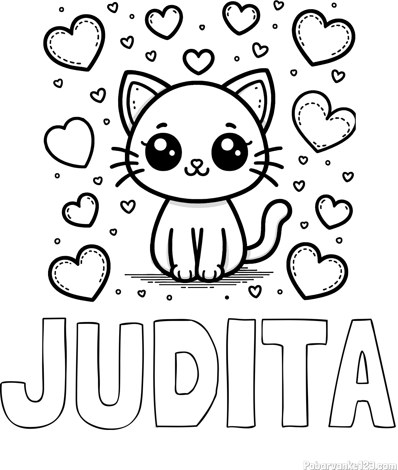 Pobarvanka imena JUDITA in pobarvanka ljubke mucke obdane z veliko srčki