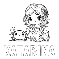 Online izdelana pobarvanka - Pobarvanka imena KATARINA in pobarvanka ljubke morske deklice in veselega raka