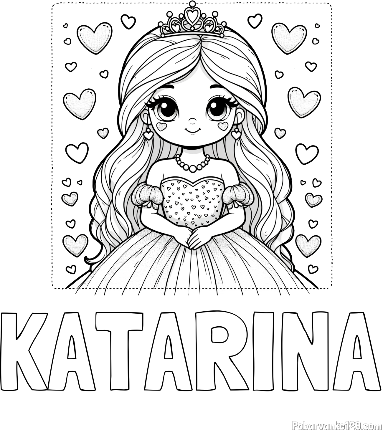 Pobarvanka imena KATARINA in pobarvanka ljubke princese obdane s srčki