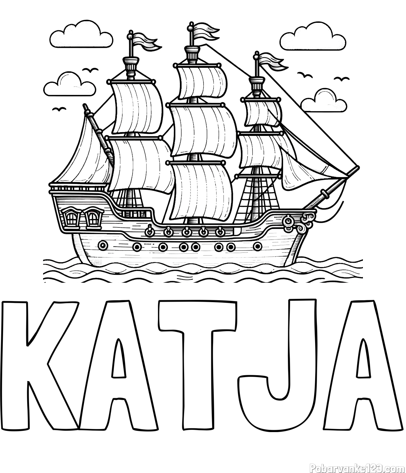 Pobarvanka imena KATJA in pobarvanka stare gusarske ladje