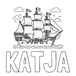 Online izdelana pobarvanka - Pobarvanka imena KATJA in pobarvanka stare gusarske ladje