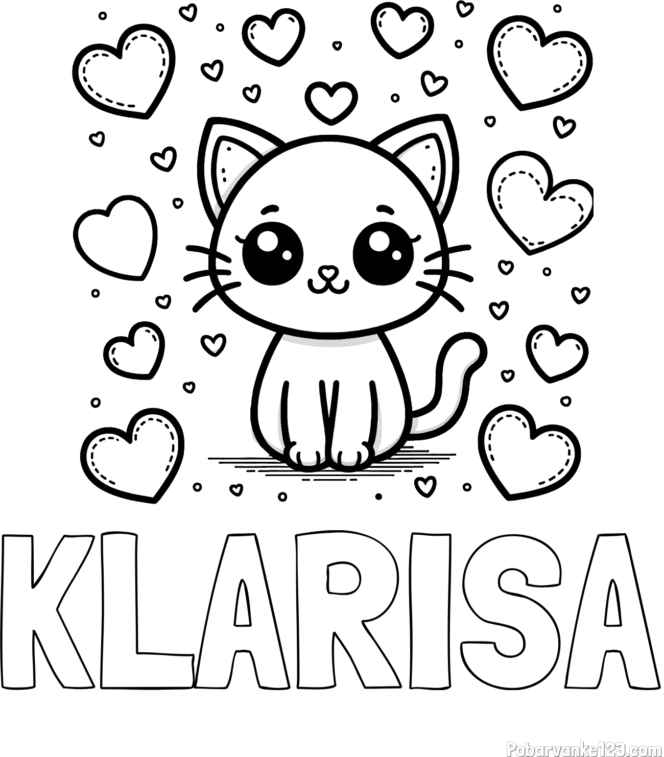Pobarvanka imena KLARISA in pobarvanka ljubke mucke obdane z veliko srčki