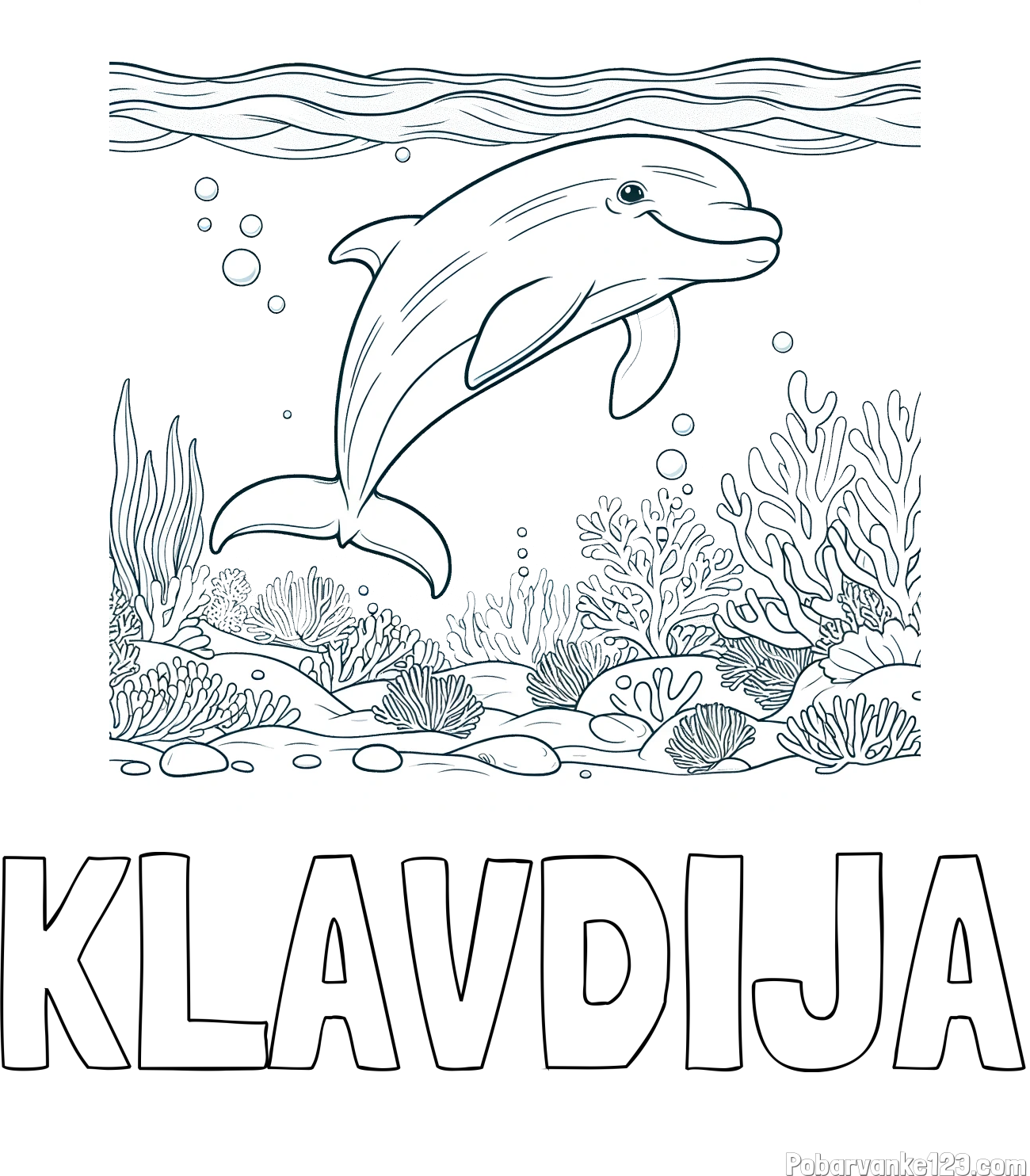 Pobarvanka imena KLAVDIJA in pobarvanka ljubkega delfina med plavanjem v morju