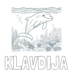 Online izdelana pobarvanka - Pobarvanka imena KLAVDIJA in pobarvanka ljubkega delfina med plavanjem v morju