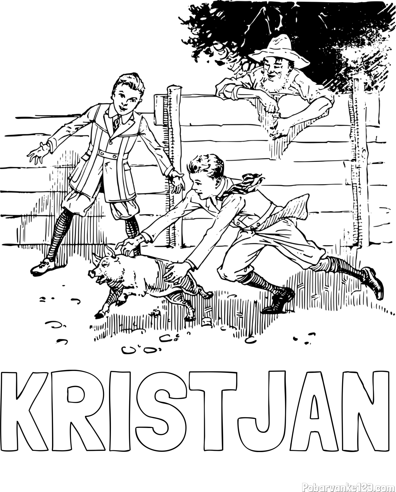 Pobarvanka imena KRISTJAN in pobarvanka dveh dečkov, ki lovita majhnega prašička