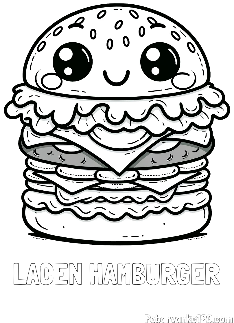 Pobarvanka imena LAČEN HAMBURGER in otroška pobarvanka nasmejanega hamburgerja