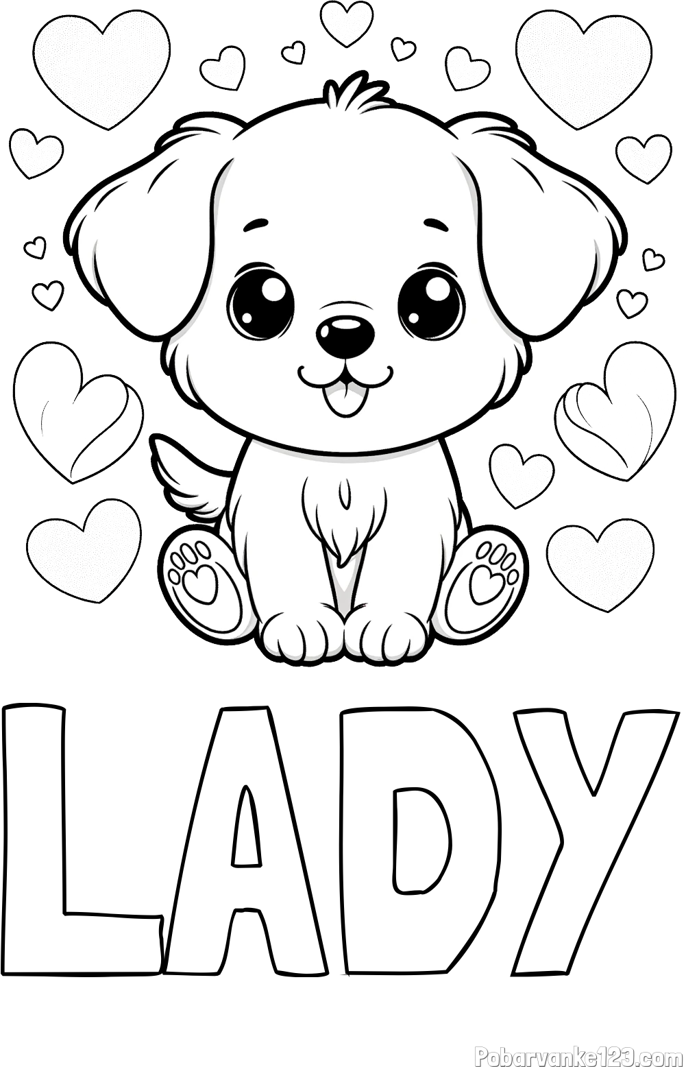 Pobarvanka imena LADY in pobarvanka ljubkega kužka obdanega s srčki