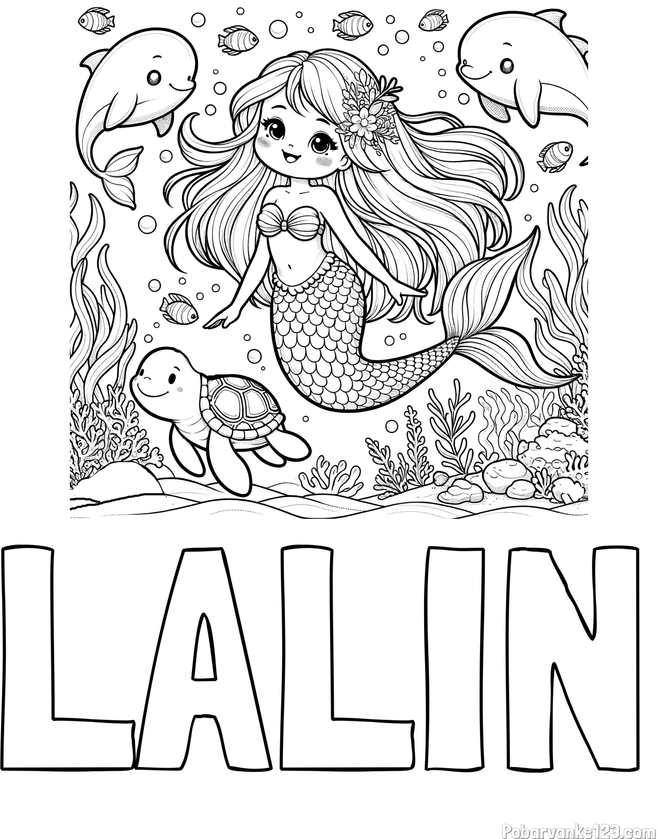 Pobarvanka imena LALIN in pobarvana ljubke morske deklice s prijatelji