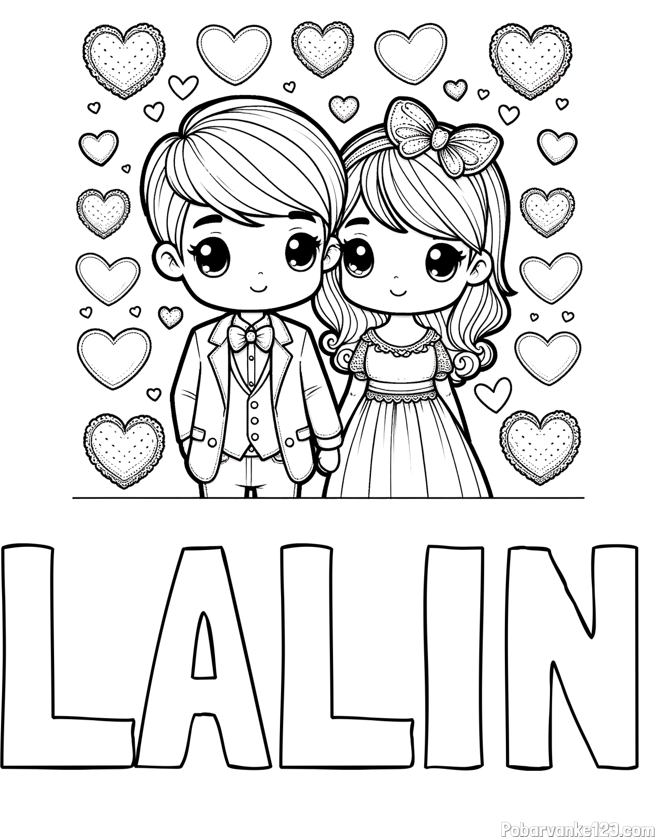 Pobarvanka imena LALIN in pobarvanka dveh zaljubljencev s srčki