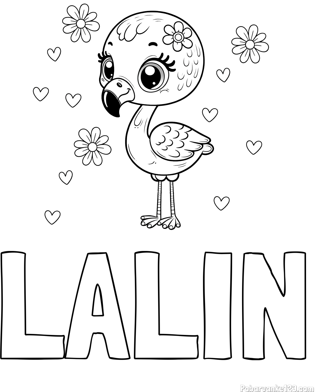 Pobarvanka imena LALIN in pobarvanka mladička flaminga z rožicami in srčki