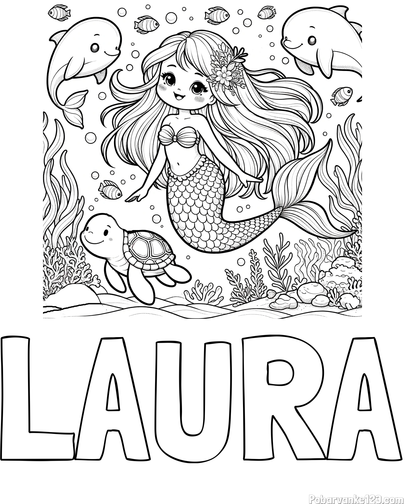 Pobarvanka imena LAURA in pobarvana ljubke morske deklice s prijatelji
