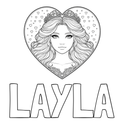 Online izdelana pobarvanka - Pobarvanka imena LAYLA in pobarvanka ljubke princese v srčku