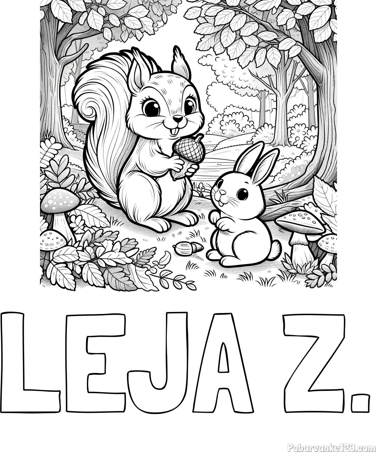 Pobarvanka imena LEJA Ž. in pobarvanka veveričke in zajčka v gozdu