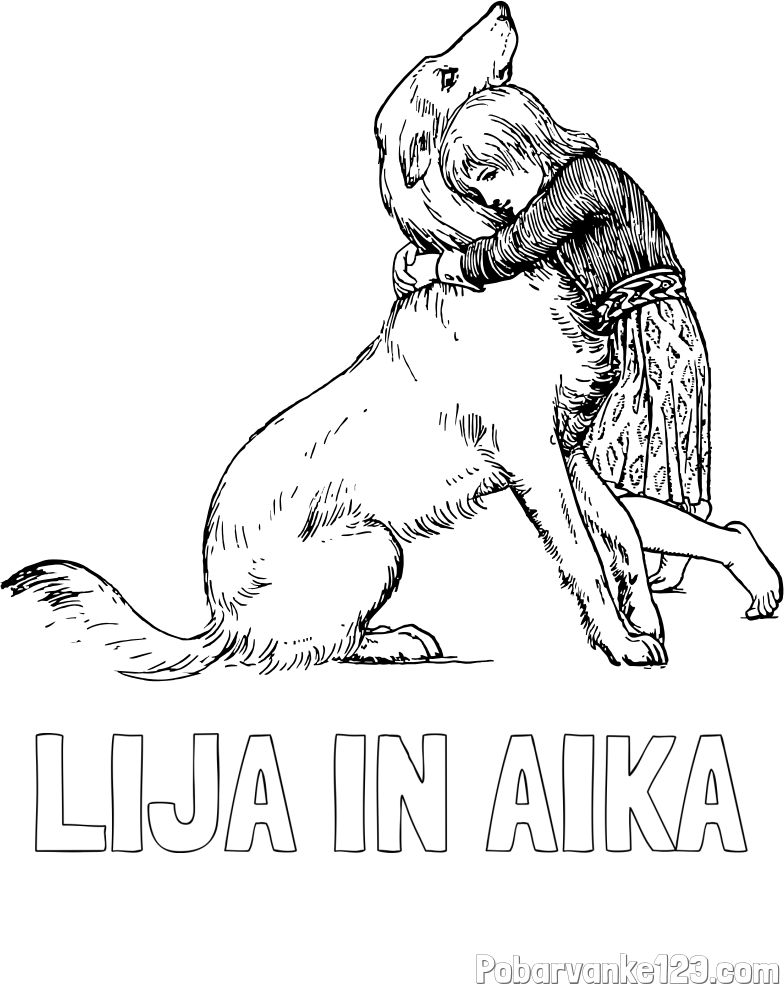 Pobarvanka imena LIJA IN AIKA in pobarvanka prikupnega kužka, ki ga objema mala deklica