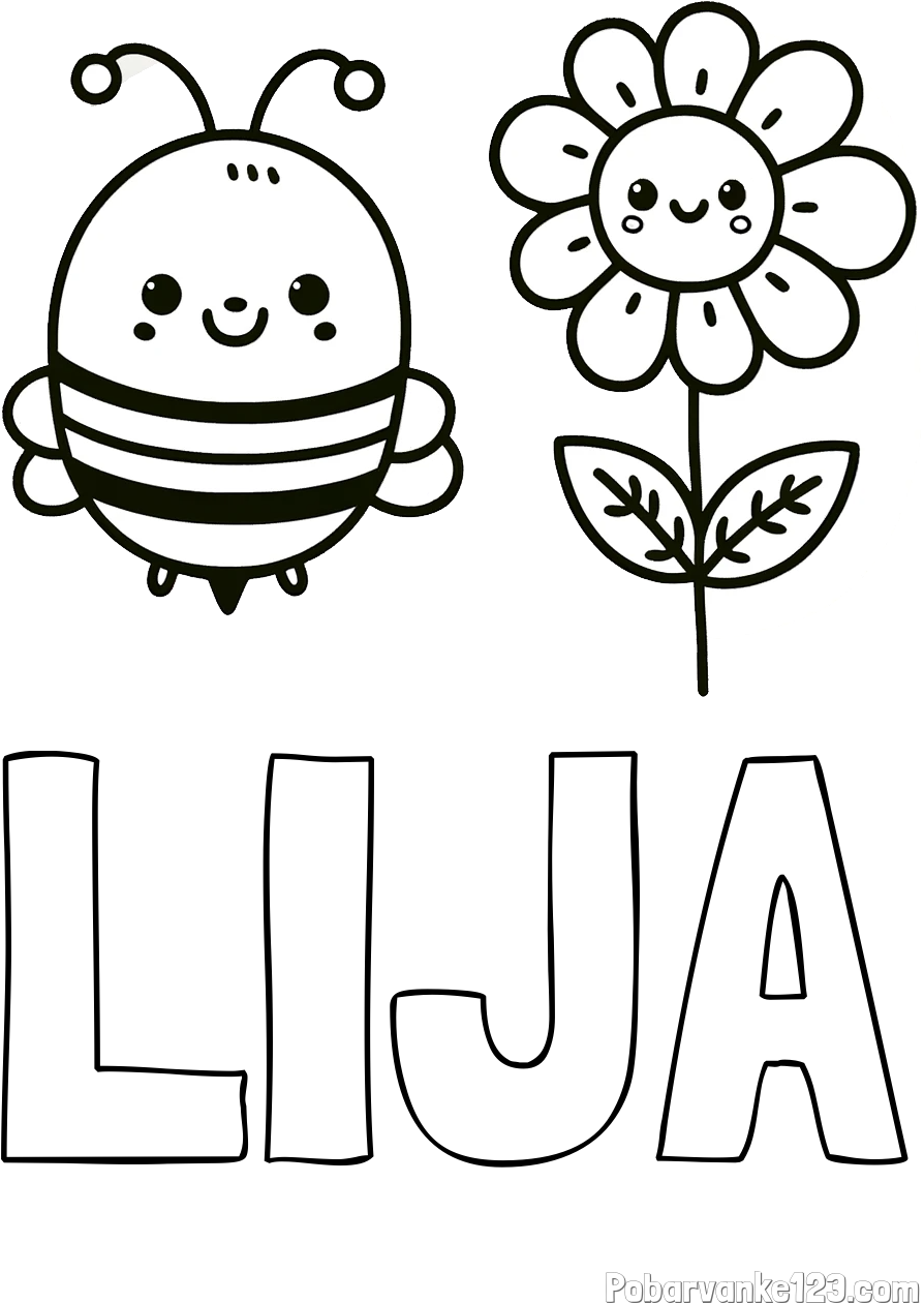 Pobarvanka imena LIJA in pobarvanka ljubke čebelice in nasmejane rože