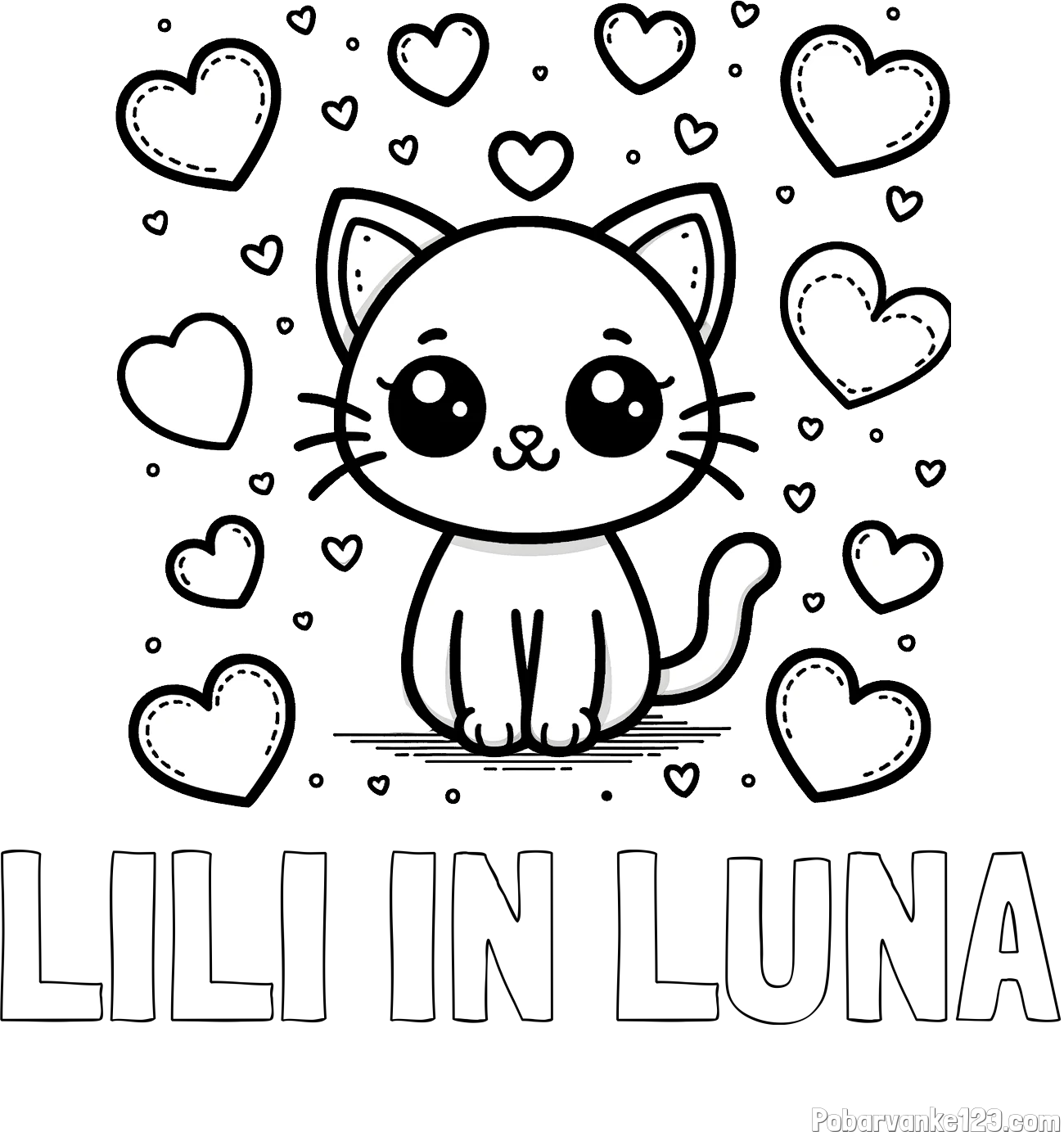 Pobarvanka imena LILI IN LUNA in pobarvanka ljubke mucke obdane z veliko srčki