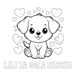 Pobarvanka imena LILI ZA GALA SRŠKIM in pobarvanka ljubkega kužka obdanega s srčki