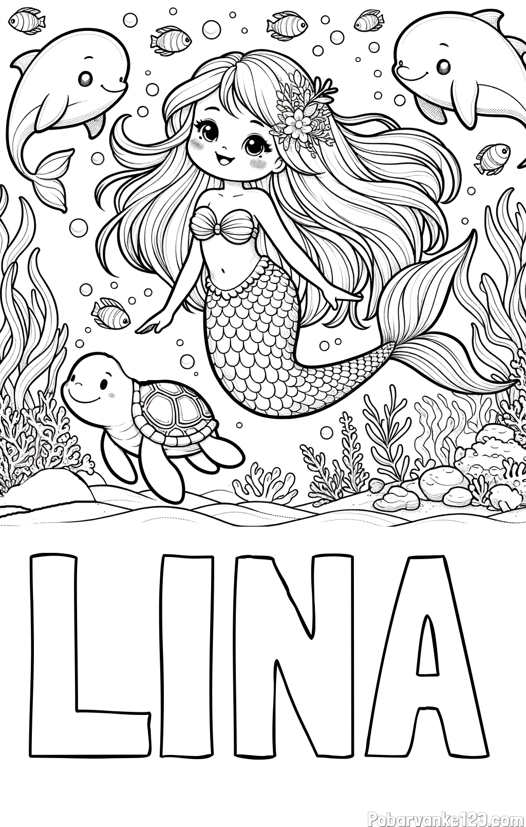 Pobarvanka imena LINA in pobarvana ljubke morske deklice s prijatelji