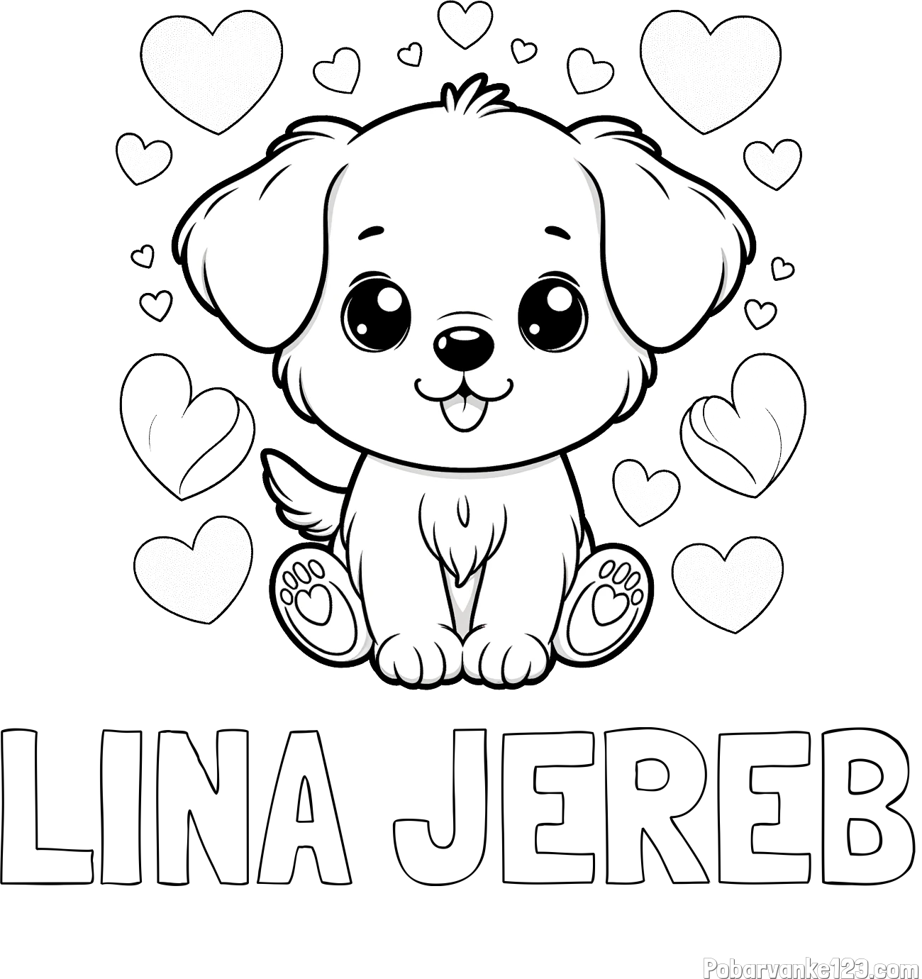 Pobarvanka imena LINA JEREB in pobarvanka ljubkega kužka obdanega s srčki