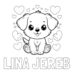 Online izdelana pobarvanka - Pobarvanka imena LINA JEREB in pobarvanka ljubkega kužka obdanega s srčki