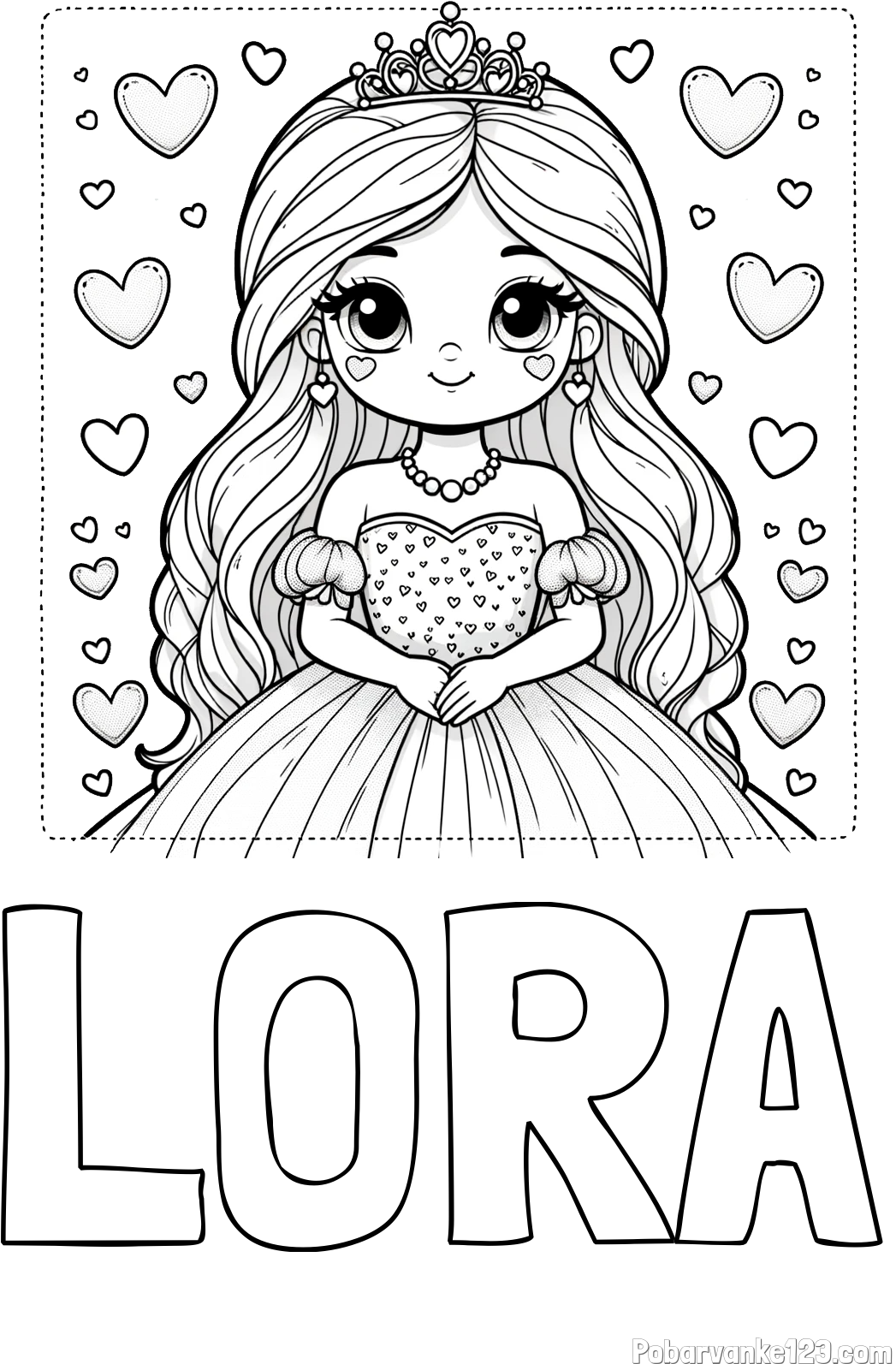Pobarvanka imena LORA in pobarvanka ljubke princese obdane s srčki
