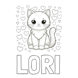 Online izdelana pobarvanka - Pobarvanka imena LORI in pobarvanka ljubke mucke obdane s srčki