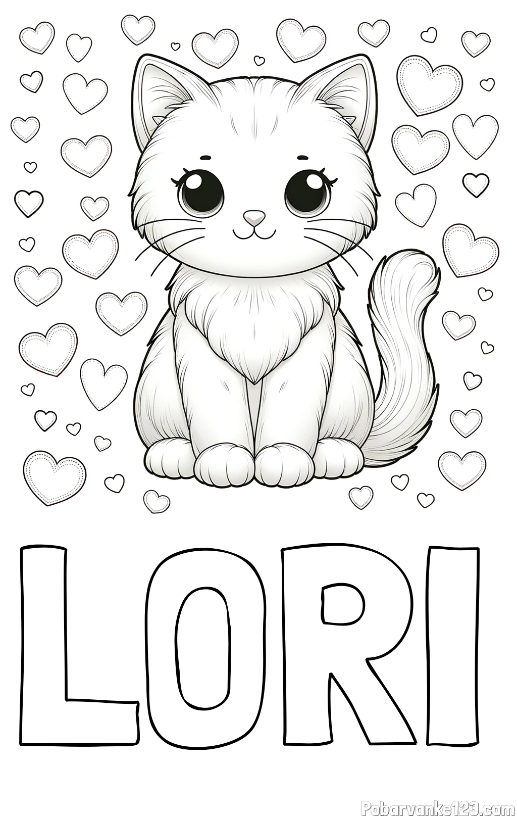 Pobarvanka imena LORI in pobarvanka ljubke mucke obdane s srčki