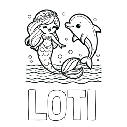 Pobarvanka imena LOTI in pobarvanka ljubke morske deklice, ki pleše z delfinom