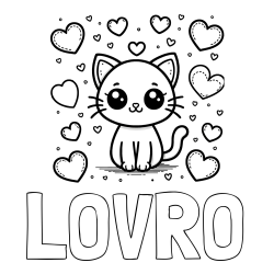 Online izdelana pobarvanka - Pobarvanka imena LOVRO in pobarvanka ljubke mucke obdane z veliko srčki