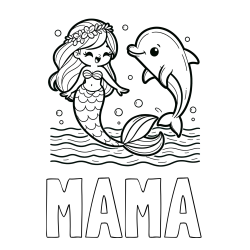 Pobarvanka imena MAMA in pobarvanka ljubke morske deklice, ki pleše z delfinom