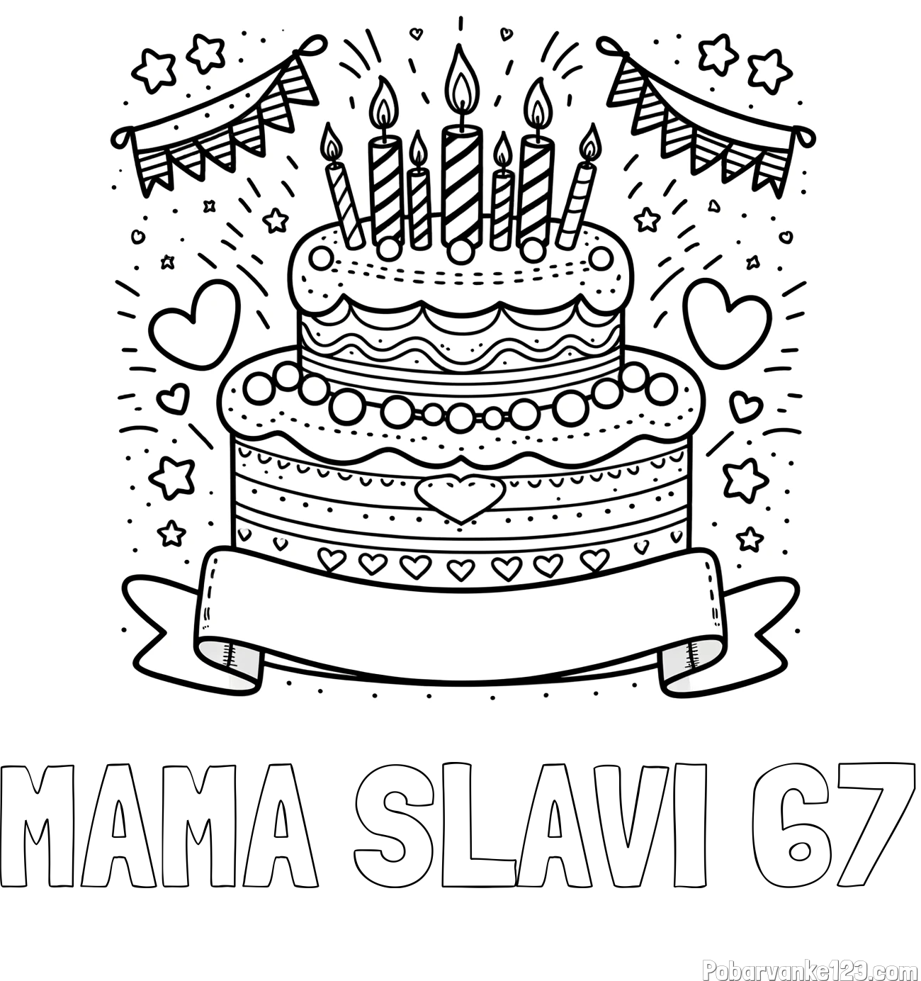Pobarvanka imena MAMA SLAVI 67 in pobarvanka velike torte za rojstni dan