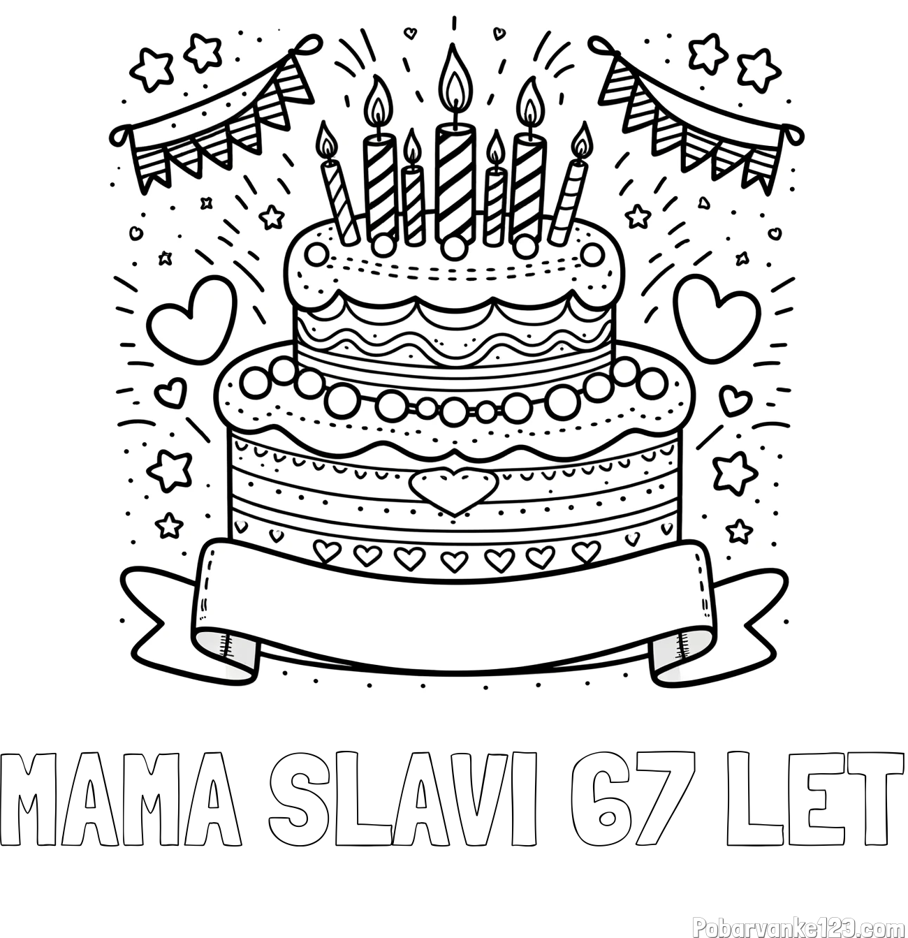 Pobarvanka imena MAMA SLAVI 67 LET in pobarvanka velike torte za rojstni dan