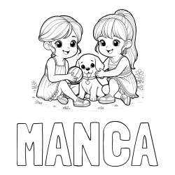 Online izdelana pobarvanka - Pobarvanka imena MANCA in pobarvanka prijateljic s kužkom